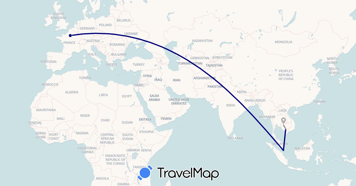 TravelMap itinerary: driving, plane in France, Cambodia, Singapore (Asia, Europe)